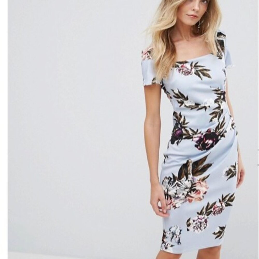 ASOS City Goddess London Square Neck Capped Sleeve Printed Dress